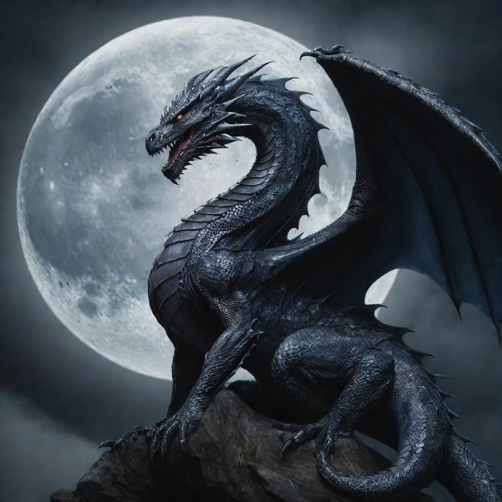 An intimidating, powerful dragon, elegantly entwined with the moon, its scales glistening in the lunar light, exuding an aura of dread and supremacy.