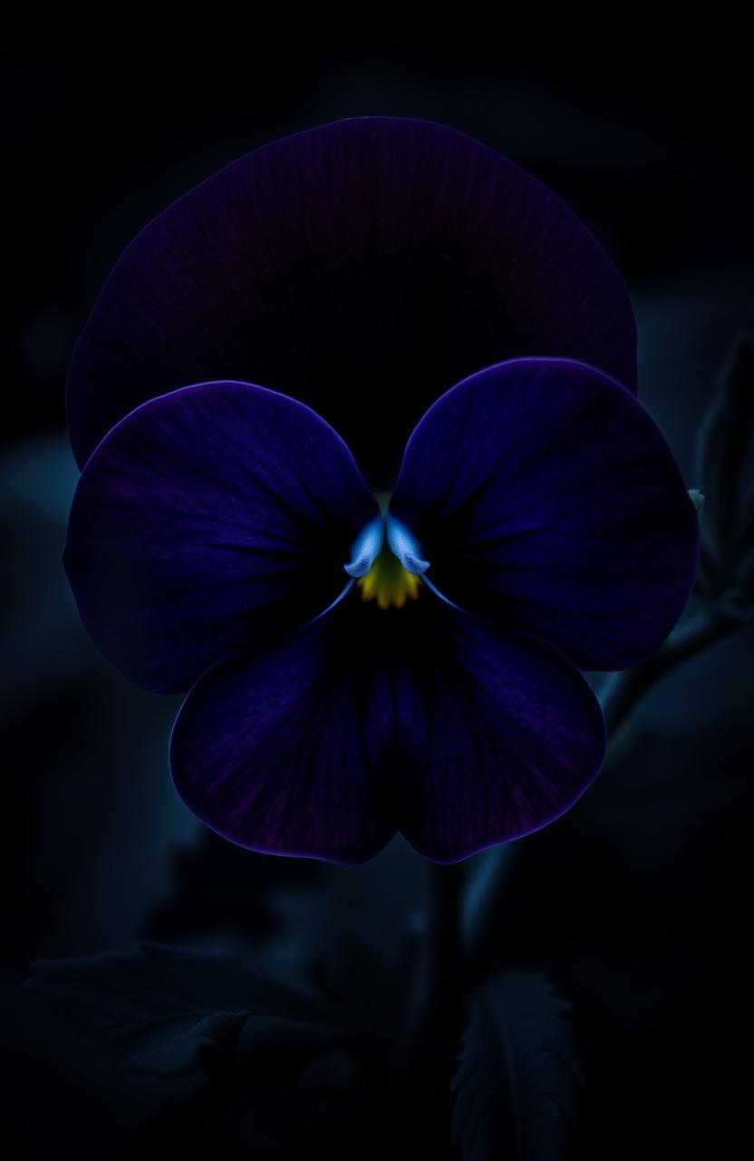 A dark viola flower with deep, rich purple petals, resembling a mysterious symbol, surrounded by shadowy foliage, creating an eerie and suspenseful atmosphere ideal for a thriller book cover