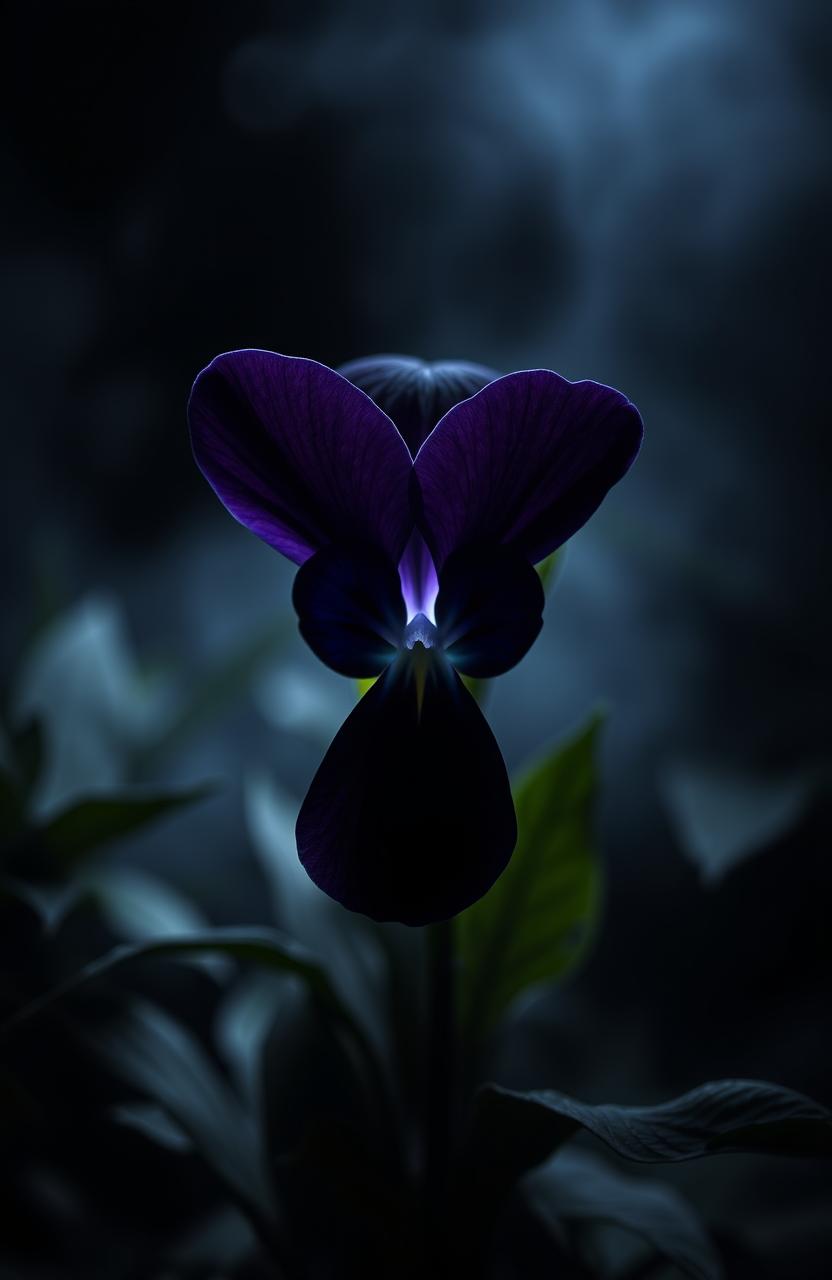 A dark viola flower with deep, rich purple petals, resembling a mysterious symbol, surrounded by shadowy foliage, creating an eerie and suspenseful atmosphere ideal for a thriller book cover