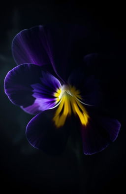 A detailed close-up of a viola flower with velvety purple petals and striking yellow centers, positioned ominously against a dark, shadowy background