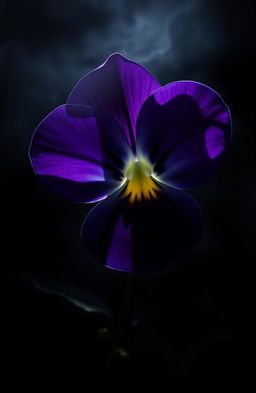 A detailed close-up of a viola flower with velvety purple petals and striking yellow centers, positioned ominously against a dark, shadowy background