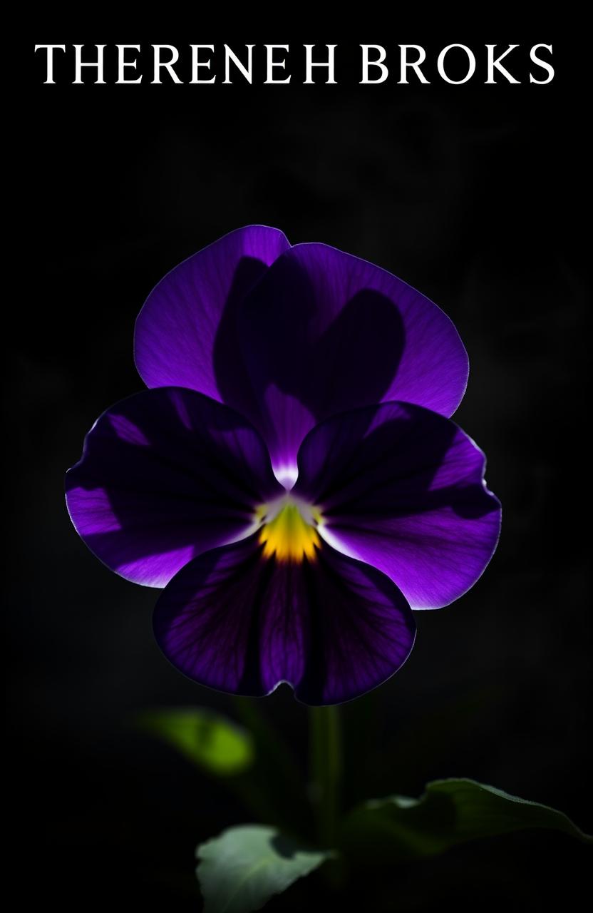 A detailed close-up of a viola flower with velvety purple petals and striking yellow centers, positioned ominously against a dark, shadowy background