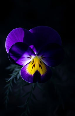 A detailed close-up of a viola flower with velvety purple petals and striking yellow centers, positioned ominously against a dark, shadowy background