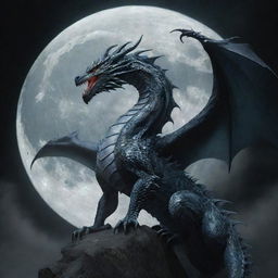 An intimidating, powerful dragon, elegantly entwined with the moon, its scales glistening in the lunar light, exuding an aura of dread and supremacy.