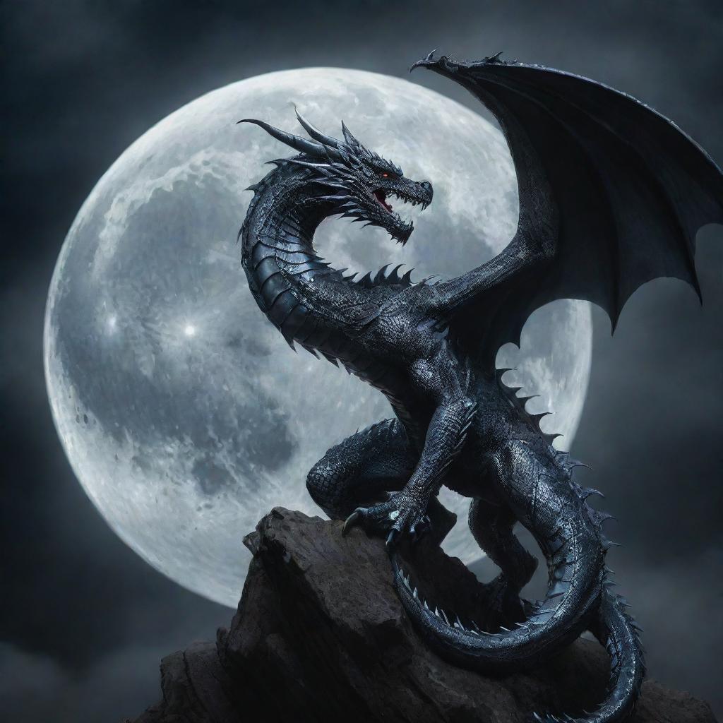 An intimidating, powerful dragon, elegantly entwined with the moon, its scales glistening in the lunar light, exuding an aura of dread and supremacy.