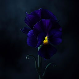 A menacing and eerie depiction of a viola flower with twisted, jagged purple petals that appear almost black in the dim light