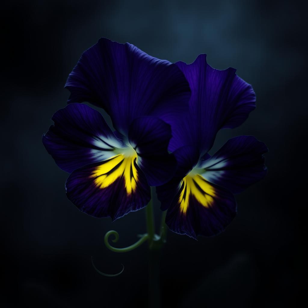 A menacing and eerie depiction of a viola flower with twisted, jagged purple petals that appear almost black in the dim light