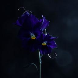 A menacing and eerie depiction of a viola flower with twisted, jagged purple petals that appear almost black in the dim light