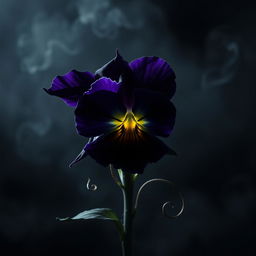 A menacing and eerie depiction of a viola flower with twisted, jagged purple petals that appear almost black in the dim light