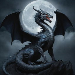 An intimidating, powerful dragon, elegantly entwined with the moon, its scales glistening in the lunar light, exuding an aura of dread and supremacy.