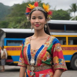 Visualize a strong Filipina woman standing tall, embodying her cultural roots. She is adorned in vibrant traditional Filipino attire, with the Philippine archipelago, a jeepney, and the native Sunbird subtly integrated in the background.