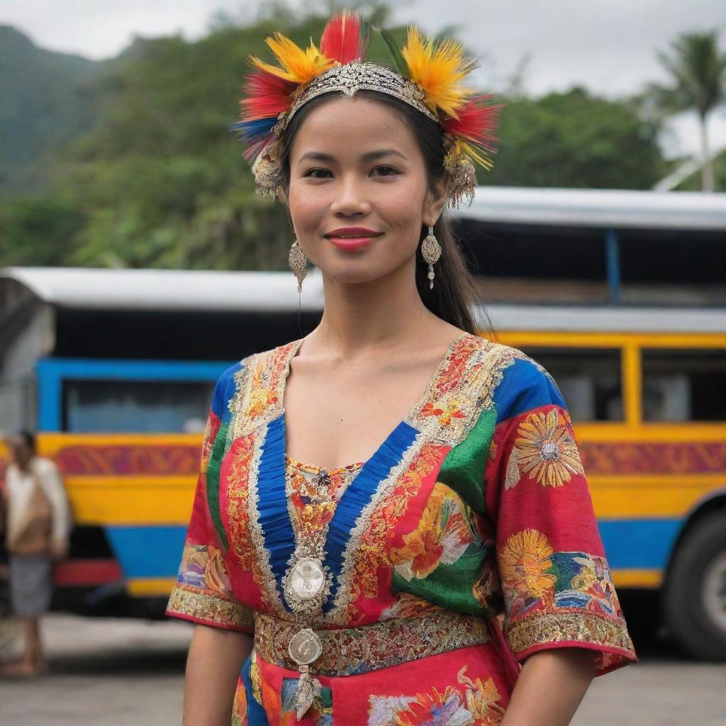 Visualize a strong Filipina woman standing tall, embodying her cultural roots. She is adorned in vibrant traditional Filipino attire, with the Philippine archipelago, a jeepney, and the native Sunbird subtly integrated in the background.