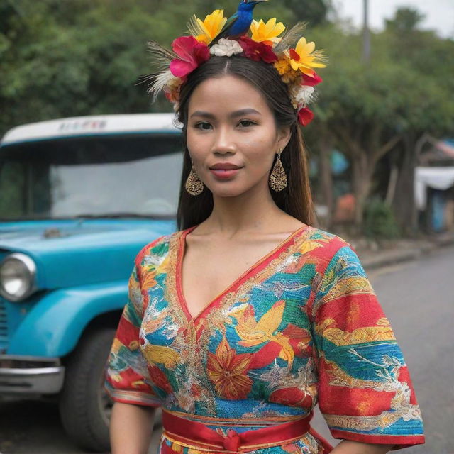 Visualize a strong Filipina woman standing tall, embodying her cultural roots. She is adorned in vibrant traditional Filipino attire, with the Philippine archipelago, a jeepney, and the native Sunbird subtly integrated in the background.