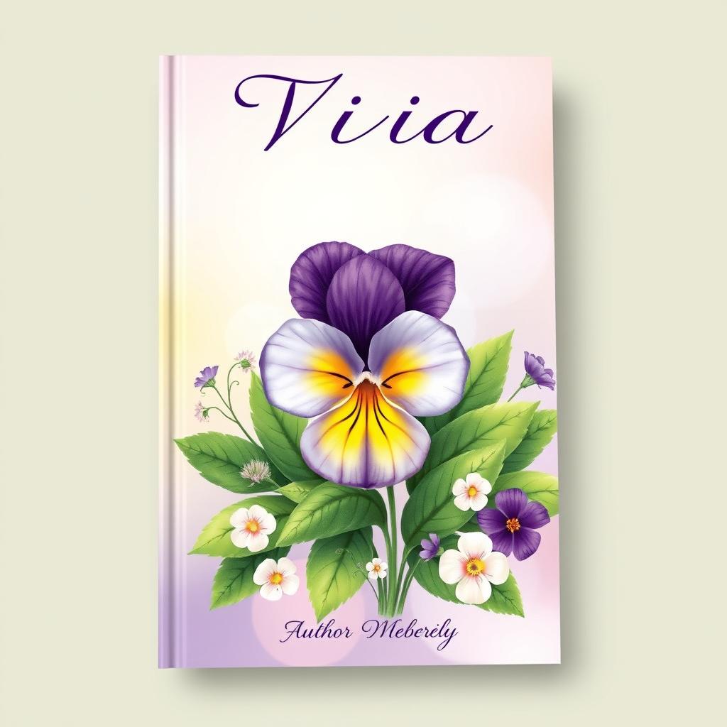 A visually stunning book cover featuring a beautifully illustrated viola flower, with its vibrant purple, yellow, and white petals prominently displayed at the center