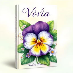 A visually stunning book cover featuring a beautifully illustrated viola flower, with its vibrant purple, yellow, and white petals prominently displayed at the center