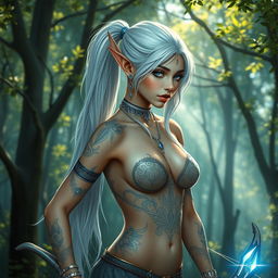 A beautiful elf girl with long white hair tied in a ponytail, adorned with elegant jewelry including earrings, a choker, and bracelets