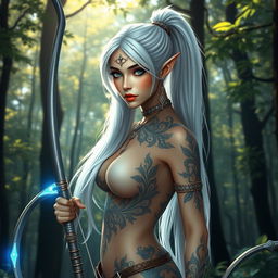 A beautiful elf girl with long white hair tied in a ponytail, adorned with elegant jewelry including earrings, a choker, and bracelets