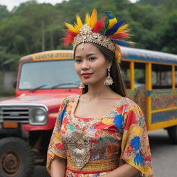 Visualize a strong Filipina woman standing tall, embodying her cultural roots. She is adorned in vibrant traditional Filipino attire, with the Philippine archipelago, a jeepney, and the native Sunbird subtly integrated in the background.