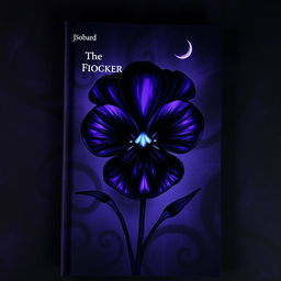 An intriguing book cover featuring a dark, atmospheric illustration of a viola flower, depicted in deep shades of purple and black with hints of luminous blue accents