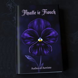 An intriguing book cover featuring a dark, atmospheric illustration of a viola flower, depicted in deep shades of purple and black with hints of luminous blue accents