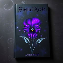 An intriguing book cover featuring a dark, atmospheric illustration of a viola flower, depicted in deep shades of purple and black with hints of luminous blue accents