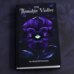 An intriguing book cover featuring a dark, atmospheric illustration of a viola flower, depicted in deep shades of purple and black with hints of luminous blue accents