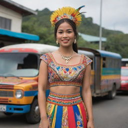 Visualize a strong Filipina woman standing tall, embodying her cultural roots. She is adorned in vibrant traditional Filipino attire, with the Philippine archipelago, a jeepney, and the native Sunbird subtly integrated in the background.