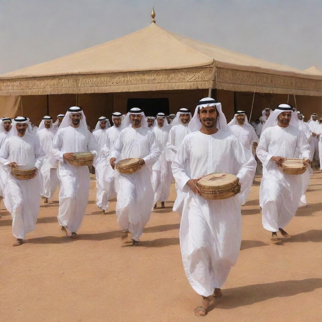 In the vicinity of an Arab tent, traditional Saudi performances are on display. The rhythmic beats of Al Khaleeji music echo, while folk dancers in vibrant attires perform the Ardha (sword dance) and Samri (drum and dance) amidst a mesmerized audience.