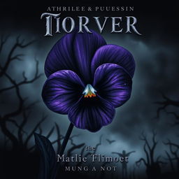 An atmospheric book cover designed for a thriller fantasy, featuring an ominous and beautifully illustrated viola flower in deep, dark shades of purple and black