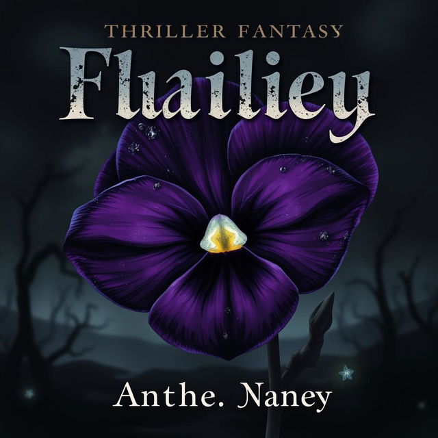 An atmospheric book cover designed for a thriller fantasy, featuring an ominous and beautifully illustrated viola flower in deep, dark shades of purple and black