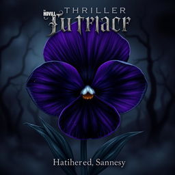 An atmospheric book cover designed for a thriller fantasy, featuring an ominous and beautifully illustrated viola flower in deep, dark shades of purple and black