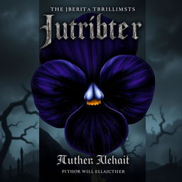 An atmospheric book cover designed for a thriller fantasy, featuring an ominous and beautifully illustrated viola flower in deep, dark shades of purple and black