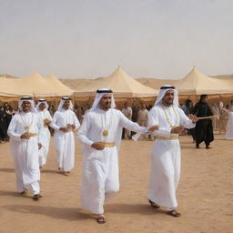 In the vicinity of an Arab tent, traditional Saudi performances are on display. The rhythmic beats of Al Khaleeji music echo, while folk dancers in vibrant attires perform the Ardha (sword dance) and Samri (drum and dance) amidst a mesmerized audience.