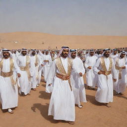 In the vicinity of an Arab tent, traditional Saudi performances are on display. The rhythmic beats of Al Khaleeji music echo, while folk dancers in vibrant attires perform the Ardha (sword dance) and Samri (drum and dance) amidst a mesmerized audience.