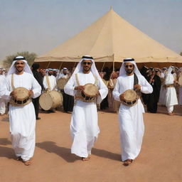 In the vicinity of an Arab tent, traditional Saudi performances are on display. The rhythmic beats of Al Khaleeji music echo, while folk dancers in vibrant attires perform the Ardha (sword dance) and Samri (drum and dance) amidst a mesmerized audience.