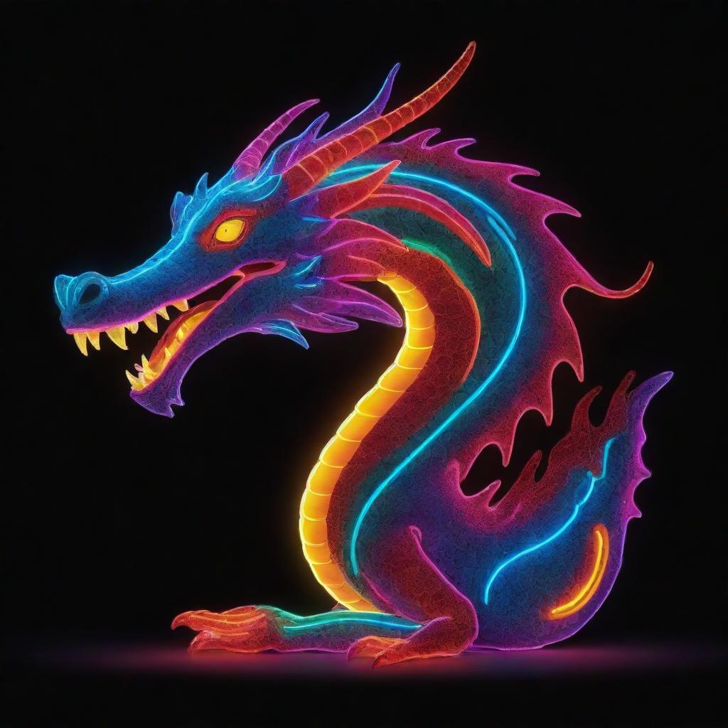 A vibrant neon dragon with cartoon characteristics, illuminated in a bold array of glowing hues.