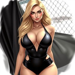 A close-up rendering of a gorgeous blonde female, showcasing her chest and torso