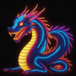 A vibrant neon dragon with cartoon characteristics, illuminated in a bold array of glowing hues.