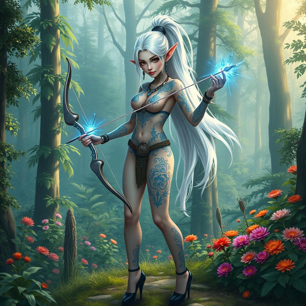 A beautiful elf girl with long white hair tied in a ponytail, adorned with jewelry including earrings, a necklace, and bracelets