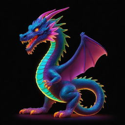 A vibrant neon dragon with cartoon characteristics, illuminated in a bold array of glowing hues.