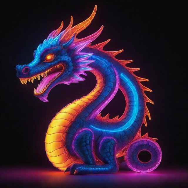 A vibrant neon dragon with cartoon characteristics, illuminated in a bold array of glowing hues.