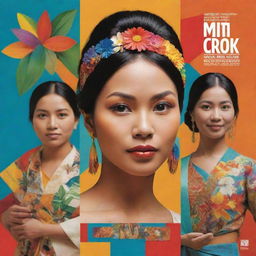 Generate a vibrant visual celebration of Philippine contemporary arts. Include array of paintings, sculptures, and distinct regional symbols. Overlay a compelling slogan emphasizing regional art promotion. Balance elements for visual appeal and utilize a diverse color palette.