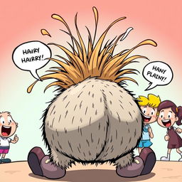 A humorous and exaggerated cartoonish depiction of a hairy butt that whimsically showcases comedic elements, with strands of hair exaggeratedly sprouting in various directions, surrounded by playful cartoon bubbles