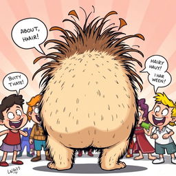 A humorous and exaggerated cartoonish depiction of a hairy butt that whimsically showcases comedic elements, with strands of hair exaggeratedly sprouting in various directions, surrounded by playful cartoon bubbles