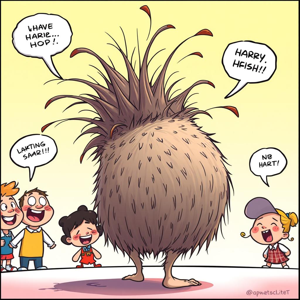 A humorous and exaggerated cartoonish depiction of a hairy butt that whimsically showcases comedic elements, with strands of hair exaggeratedly sprouting in various directions, surrounded by playful cartoon bubbles