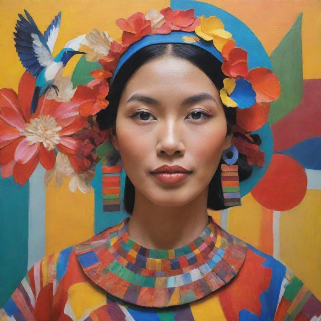 Generate a vibrant visual celebration of Philippine contemporary arts. Include array of paintings, sculptures, and distinct regional symbols. Overlay a compelling slogan emphasizing regional art promotion. Balance elements for visual appeal and utilize a diverse color palette.