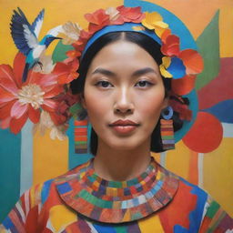 Generate a vibrant visual celebration of Philippine contemporary arts. Include array of paintings, sculptures, and distinct regional symbols. Overlay a compelling slogan emphasizing regional art promotion. Balance elements for visual appeal and utilize a diverse color palette.