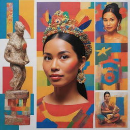 Generate a vibrant visual celebration of Philippine contemporary arts. Include array of paintings, sculptures, and distinct regional symbols. Overlay a compelling slogan emphasizing regional art promotion. Balance elements for visual appeal and utilize a diverse color palette.