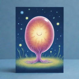 Illustrate a cute, cartoon-style 'Embryonic Echo' card, an 'upcell' type. Depict a delightful scene of a cell experiencing a magical rebirth, glowing brightly from the echo. The card should radiate a sense of charm and rejuvenation.