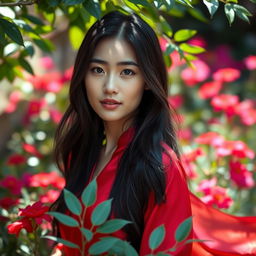 A stunning portrait of an Asian woman with long black hair, wearing a flowing red silk dress, standing gracefully in a lush green garden filled with vibrant flowers